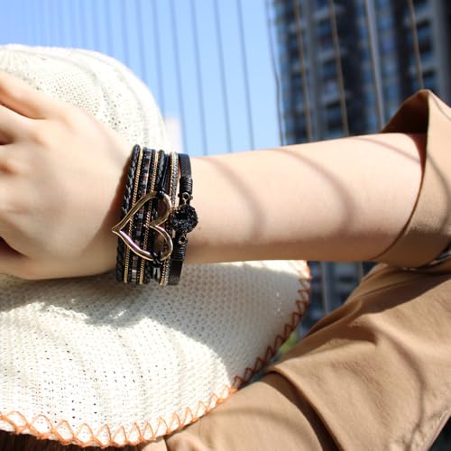 Womens Multi Layer Heart Leather Wrap Bracelet Boho Stackable Cuff Bangle Magnetic Clasp Crystal Birthday Valentine Gift - color: Black