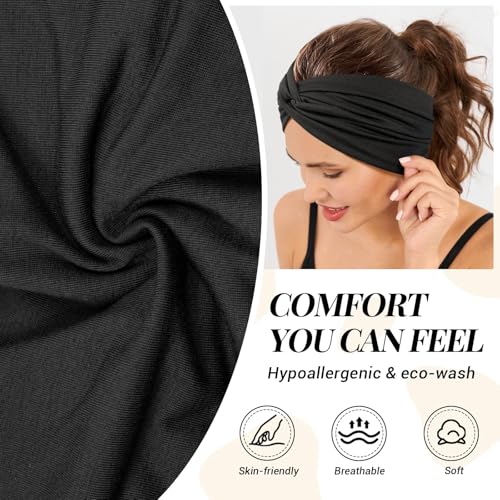 Headbands for Women's Hair, Wide Hair bands – 4 Pcs Vintage Turban Elastic Soft Head Wraps Knotted for Yoga & Workout – Summer Cute Fashion Hair Accessories（ Leopard ） - color: Black