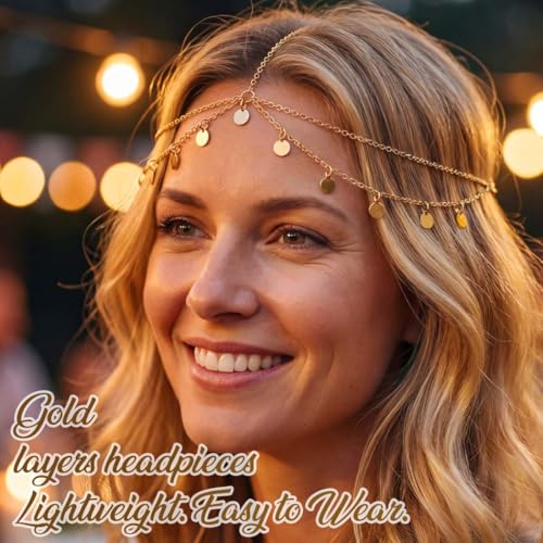 Brishow Gold Head Chain Egyptian Headpiece for Women Forehead Accessory | 20.5 in+3.9 in Adjustable genie head jewelry photos alloy small sequin headchain boho festival prom party concert