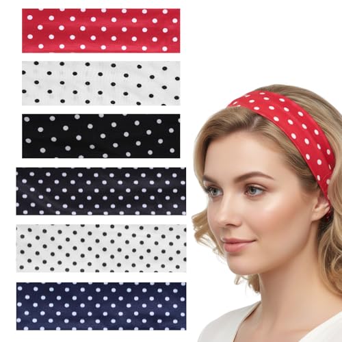 6PCS Polka Dot Fabric Headbands, Soft Stretchy Headbands, Wide Polka Dot Headband, for Running, Yoga, and Everyday Wear (Black, White, Red, Navy Blue)