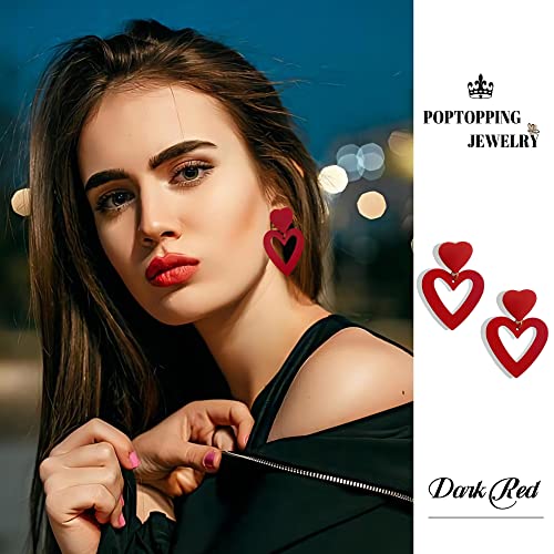 Double Heart Earrings Dangling Heart Drop Earrings For Women Love Heart Dangle Earrings Birthday Gift - color: Dark Red