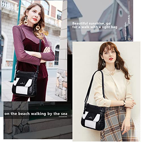 Angelkiss Small Womens Crossbody Bag Leather Shoulder Purse for Women Hobo Bag with Adjustable Shoulder Strap - color: Black/White