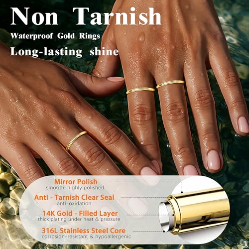 Gold Band Rings for Women Men Non Tarnish, Wedding 14K Gold Plated Stackable Ring Set for Couples, Dainty Thin Plain Simple Promise Dome Band Thumb Pinky 1mm 3mm 5mm Jewelry Gift Comfort Fit Size 3-13 - color: Gold-1mm 3PCS, size: 10