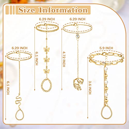 Fumete 6 pcs Finger Ring Bracelet Linked Rhinestone Hand Harness Chain Slave Bracelet with Ring Everyday Jewelry for Women - color: Gold, style: Classic