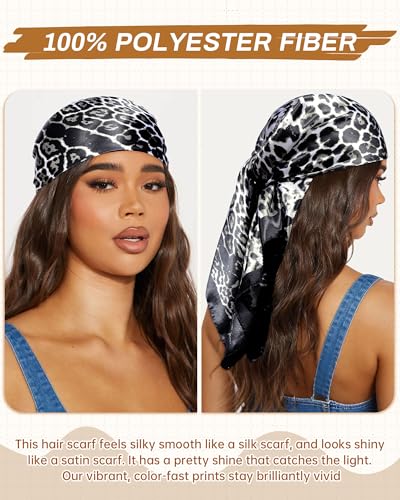 Mesovor 35” Square Head Scarf for Women, 3 Pack Like Silk Satin Headscarf Hair Neck Scarf Top Bandanas for Sleeping - color: Leopard(black/Yellow/Coffee)