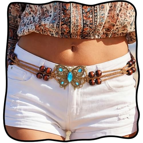 Fstrend Women's Woven Waist Belt Chain,Turquoise Braided Belts with Wooden Beads,Adjustable Belly Accessory for Dress (D) - color: D