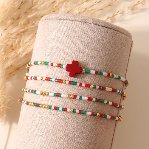 Gold Colorful Beaded Cross Bracelet Stack Set for Women,Handmade Bohemian Seed Beads Stacked Bracelets Fashion Holiday Jewelry Gift - color: Christmas
