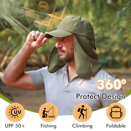 Tirrinia Wide Brim Sun Hat with Neck Flap for Men & Women, Breathable Hiking Fishing Safari Hat, Outdoor UV Protection Cap - color: Green