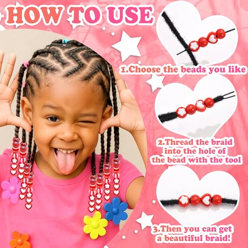 NAISKA 100PCS Red Valentines Hair Beads 10 Styles Loc Jewelry Heart Dreadlock Beads Cute Pony Bead Valentine's Day Braids Accessories for Kids Girls - color: Red