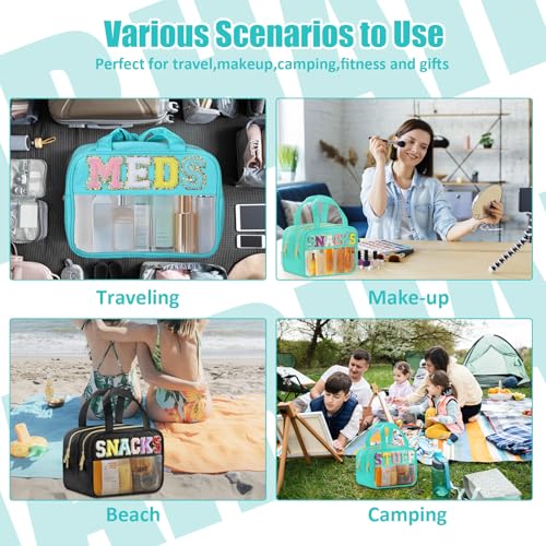BuyCard Chenille Letter Clear Makeup Bags, Snacks Bag for Travel, Preppy Patch Nylon Cosmetic Bag with Handles and Zipper, Waterproof Large Clear Travel Toiletry Bag Storage Bag for Women Green - color: Green-Snacks