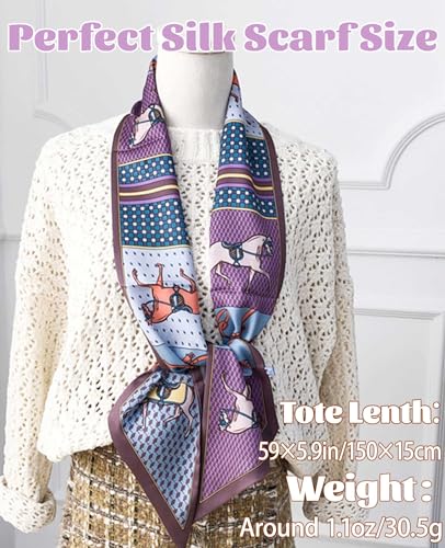 kcctoo 59” Long Silk Like Head Scarf Women's Fashion Square Neck Satin Scarfs for Bag Hair Scarves Gift 59 * 5.9” - color: J1 Purple Horse 59" X 5.9"