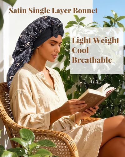 AWAYTR Long Satin Bonnet for Braids - Elastic Silk Hair Bonnets for Sleeping Night Cap Stretchy Tie Band for Women(Star and Moon) - color: Star and Moon