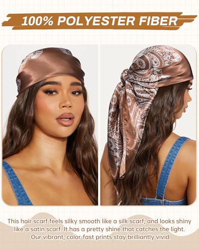 Mesovor 35” Square Head Scarf for Women, 3 Pack Like Silk Satin Headscarf Hair Neck Scarf Top Bandanas for Sleeping - color: Cashew(brown/Red/Black)