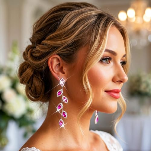 Catery Crystal Wedding Earrings Rhinestones Dangling Earrings Leaf Bridal Ear Jewelry for Brides and Women - color: Hot Pink