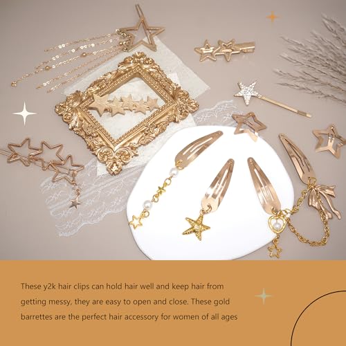 10PCS Gold Hair Clips Dangle Star Hair Clips Metal Snap Star Barrettes 9 Shapes Y2K Hair Accessories for Women and Girls - color: Gold