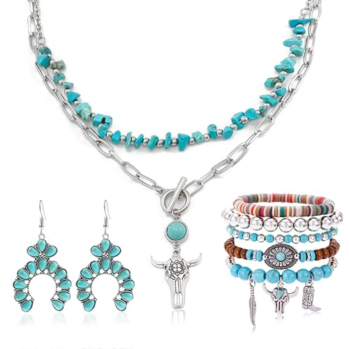 Turquoise Western Jewelry Set for Women, Boho Cowgirl Earrings Bracelet Stack and Layered Necklace, Silver Tone, Multiple Styles - style: Half-Moon Cluster
