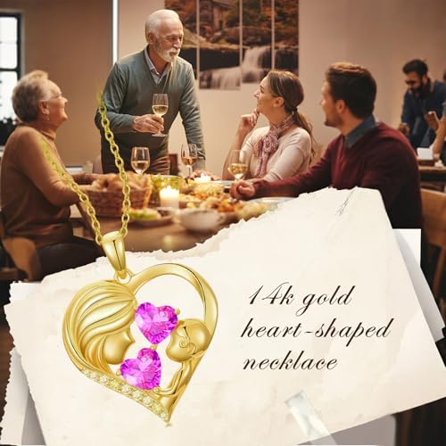 Mothers Day Gifts 14K Yellow Gold Mother Daughter Heart Pendant Necklace with 12 Months Birthstone Birthday Gifts for Mom Anniversarry Jewelry for Mom Wife Girlfriend - color: 10-10-Oct-Oct Birthstone