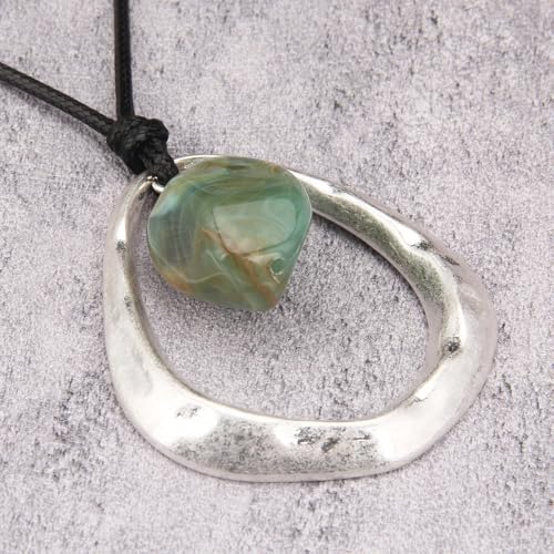 Bohemian Women's Leather Long Pendant Necklace Sweater necklace Adjustable Retro Woven Handmade Jewelry - color: Silver Water Drop Green Stone