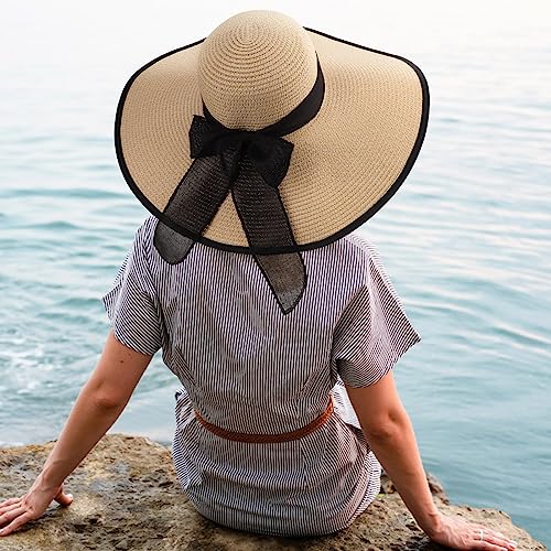 DRESHOW Beach Hats for Women Big Straw Wide Brim Summer Hat Floppy Foldable Roll up Cap Sun Hat UPF 50+ - color: Ac Khaki 5.9" Brim, 1 Pack