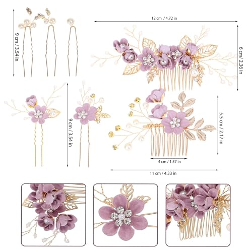 10PCS Hair Comb Set - Wedding Floral Hair Accessories for Women, Baby Purple Flower Hairs Pins, Vintage Wedding Hair Clips, Bridesmaid, Mother of Bride, Gold Decorations - color: Purple