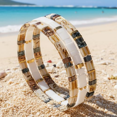 Tila Flat Square Stack Beaded Bracelets Set for Women Men, Boho 3Pcs Romantic Handmade Healing Gold Colorful Stretch Accessories Jewelry, Daily Vacation Party Holiday Friendship Gift - color: Brown White Brown