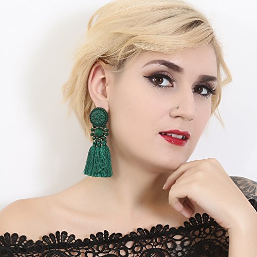 boderier Bohemian Statement Thread Tassel Chandelier Drop Dangle Earrings with Cassandra Button Stud - color: Deep Green