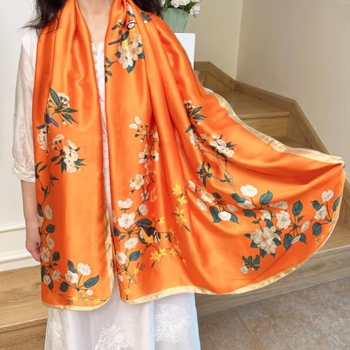 Long Silk Like Scarf Lightweight Satin Scarves Large Sunscreen Shawl Wrap for Women - color: 024.birds and Flowers Orange