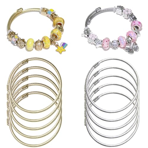 Exway 10 Pcs Elastic charm Bracelet chain Stainless Steel Cable Wire Twisted Cuff Bangle Bracelet Gold And Sliver charm Bracelets Kit for Crafts DIY Women Jewelry Making - color: gold+silver style B, size: 7.0in