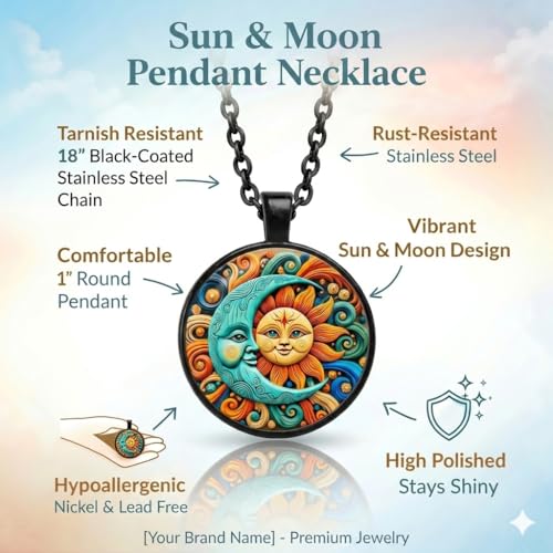 1pc Stunning Round Pendant Necklace - Unique Sun & Moon Pattern, Oil Painting Style Glass Mosaic, Alloy Construction, Trendy Sweater Chain, Fashionable Gift for Women - Christmas or Birthday Gift - color: Orange Sun/Blue Moon (Black)