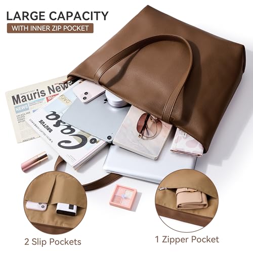 WLLWOO Soft Vegan Leather Tote Bag for Women Large Casual Hobo Handbags Zipper Shoulder Work Daily Weekender Travel Purse - color: Coffee