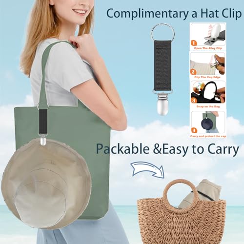 vidsel Womens Sun Hats Wide Brim Reversible Bucket Cotton Hat Packable Summer Travel Cap with Hat Clip,UV Protection - color: Beige2, size: Medium