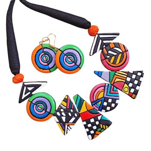 Bold Multicolor Geometric Terracotta Jewelry Set Hand-Painted Clay Necklace with Earrings | Artisan Handmade Statement Boho Jewelry for Women | Gift for Her - color: Multicolour Geometric
