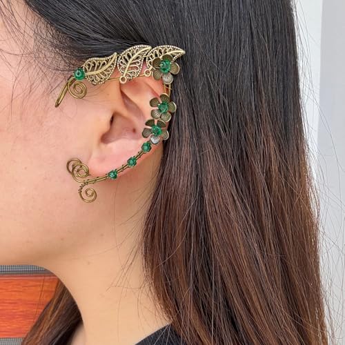 Elf Ear Cuffs, OwMell Handcraft Silver Pointed Fairy Elven Cosplay Fantasy Costume Bridal Wedding Earrings for Non Pierced Ears - style: 3 Flowers
