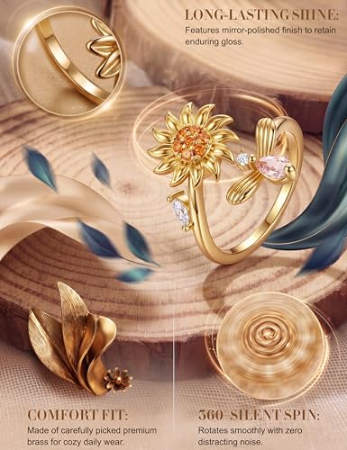 sailimue Anxiety Ring Fidget Ring for Women Men Spinner Fidget Rings for Anti Anxiety Adjustable Open CZ Flower Bead Stress Relieving Spinning Rotatable Rings 9 Pcs - color: Gold