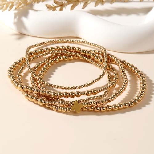 14K Gold Plated Beaded Bracelets Stack Set for Women,Stretch Boho Colorful Beads Ball Jewelry Friendship Summer Trendy - color: Gold