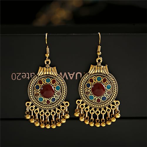 Vintage Boho Statement Drop Dangle Earrings for Women Bohemian Ethnic Handmade Beaded Charms Earring Bohemian Retro Chandelier Tassel Earrings Mexico Gypsy Jewelry Gift - color: Gold Round Red