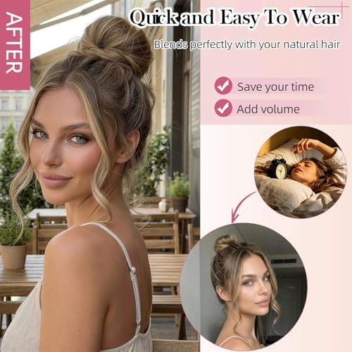 Messy Bun Hair Piece Human Hair, Real Buns for Women, Ashy Blonde Scrunchie Updo Hairpieces, Natural Fake Bun Extension, Faux Wig Donut Chignon, Lightweight 25g Thick Wavy Hairpiece - color: Ashy Bronde