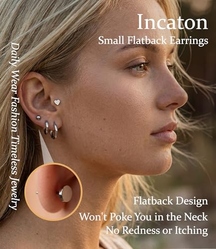 Incaton Hypoallergenic Flat Back Earrings for Women Silver 14K Gold Plated Surgical Stainless Steel Stud Earrings Cubic Zirconia Cartilage Studs Earrings For Multiple Piercing Sensitive Ears - color: 4-SILVER
