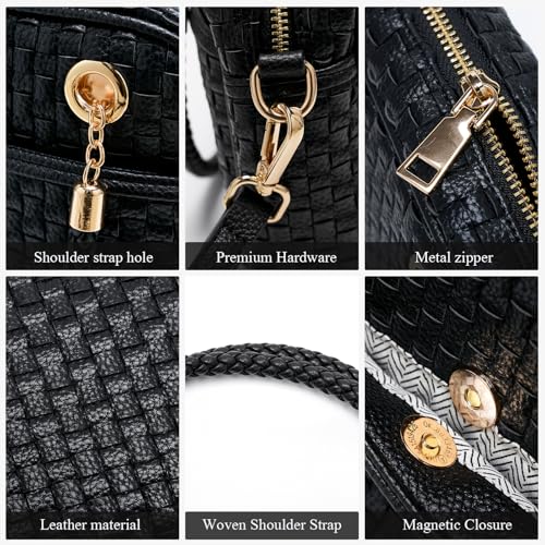Chic Woven Crossbody Camera Bag, Soft Vegan Leather Purse with Designer Look & Braided Handle - color: Black