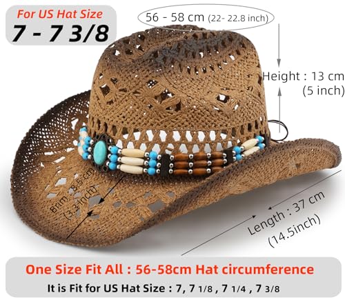 Straw Cowboy Hat, Western Cowgirl Hat, Wide Brim Sun Beach Hat for Men and Women - color: Khaki-m20