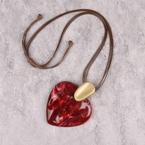 GelConnie Long Necklaces for Women Boho Large Pendant Necklace Casual Bohemian Brown Leather Choker Sweater Circle Statement Stone Necklace - style: Red Heart Gold Necklace