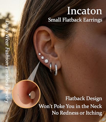 Incaton Hypoallergenic Flat Back Earrings for Women Silver 14K Gold Plated Surgical Stainless Steel Stud Earrings Cubic Zirconia Cartilage Studs Earrings For Multiple Piercing Sensitive Ears - color: J-Silver