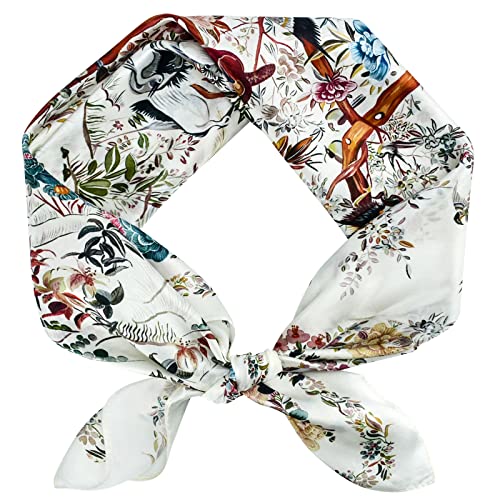 Stlvoll 100% Silk Head Scarf for Women - 27" Hair Scarves Satin Bandanas Square for Night Sleeping with Gift Packed - color: White/Flower/Bird