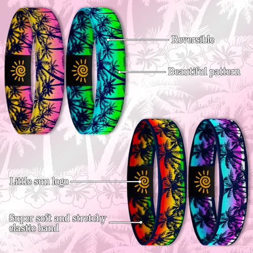 4 Pcs Surfer Beach Bracelets for Men Women Inspirational Elastic Comfy Summer Reversible Wristband Gifts Friendship Bracelets - color: Sunset Coconut Trees-Bracelets, size: (7.5") Large