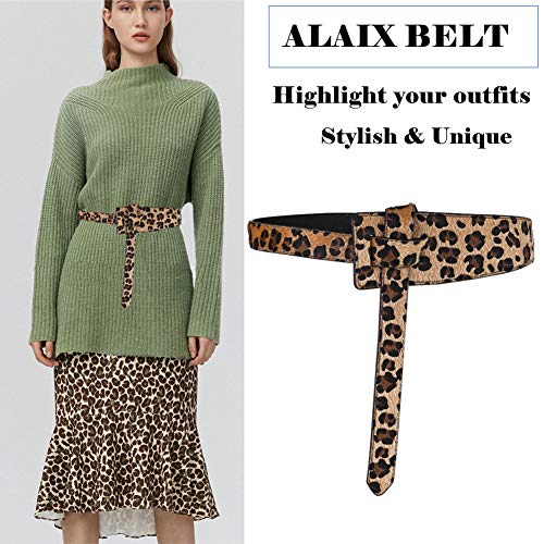ALAIX Women's Leather Belt Dress Belt for Jeans Jumpsuit Coat Fashion Tie a Knot Genuine Leather Waist Belt - color: Leopard, size: Waist Size up to 34 inches