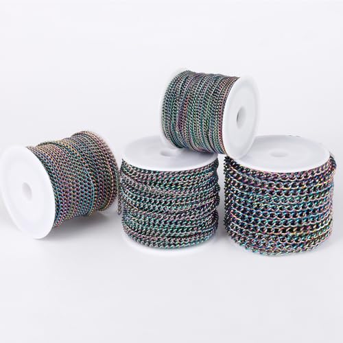 33FT Colorful Stainless Steel Curb Chains Roll, 4mm 304 Stainless Steel Multi Color Flat Twisted Links Curb Chains Bulk Spool for Jewelry Making DIY Craft - color: Colorful, size: 4.0mm width