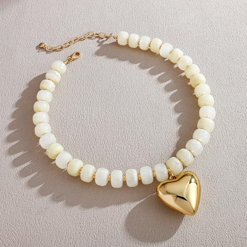 WOWORAMA Chunky Heart Necklaces for Women Colorful Resin Beaded Choker Necklace Gold Puffy Heart Statement Necklace Trendy Acrylic Choker Jewelry - color: Cream-White