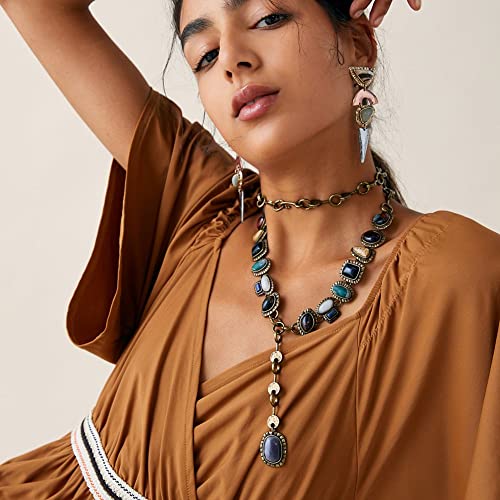 LUREME Vintage Ethnic Heavy Choker Necklace for Women with Multi Color Stones Statement Necklace(nl006345)