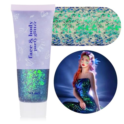 MEICOLY Chameleon Green Face Body Glitter,Holographic Self-Adhesive Face Glitter,Color Changing Mermaid Face Glitter,Halloween Glitter Face Paint for Face Body Hair,St Patricks Day Accessories - color: chameleon green body glitter