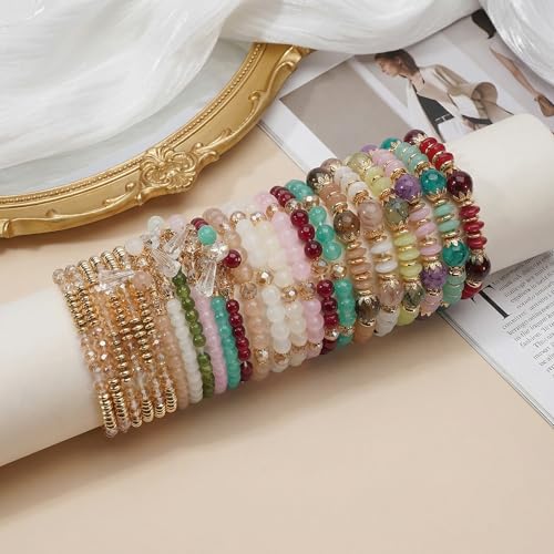 Bohemian Bracelet Sets for Women - 4-Pack Stackable Stretch Bead Bracelets with Black＆White Crystal & Gold Accessories, Multi-Layer Boho Jewelry - color: 6pack sets